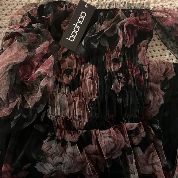 boohoo floral mesh ruched maxi dress